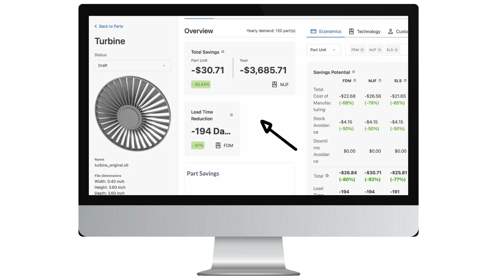 On-demand manufacturing software displays cost savings and lead time reduction for each part.