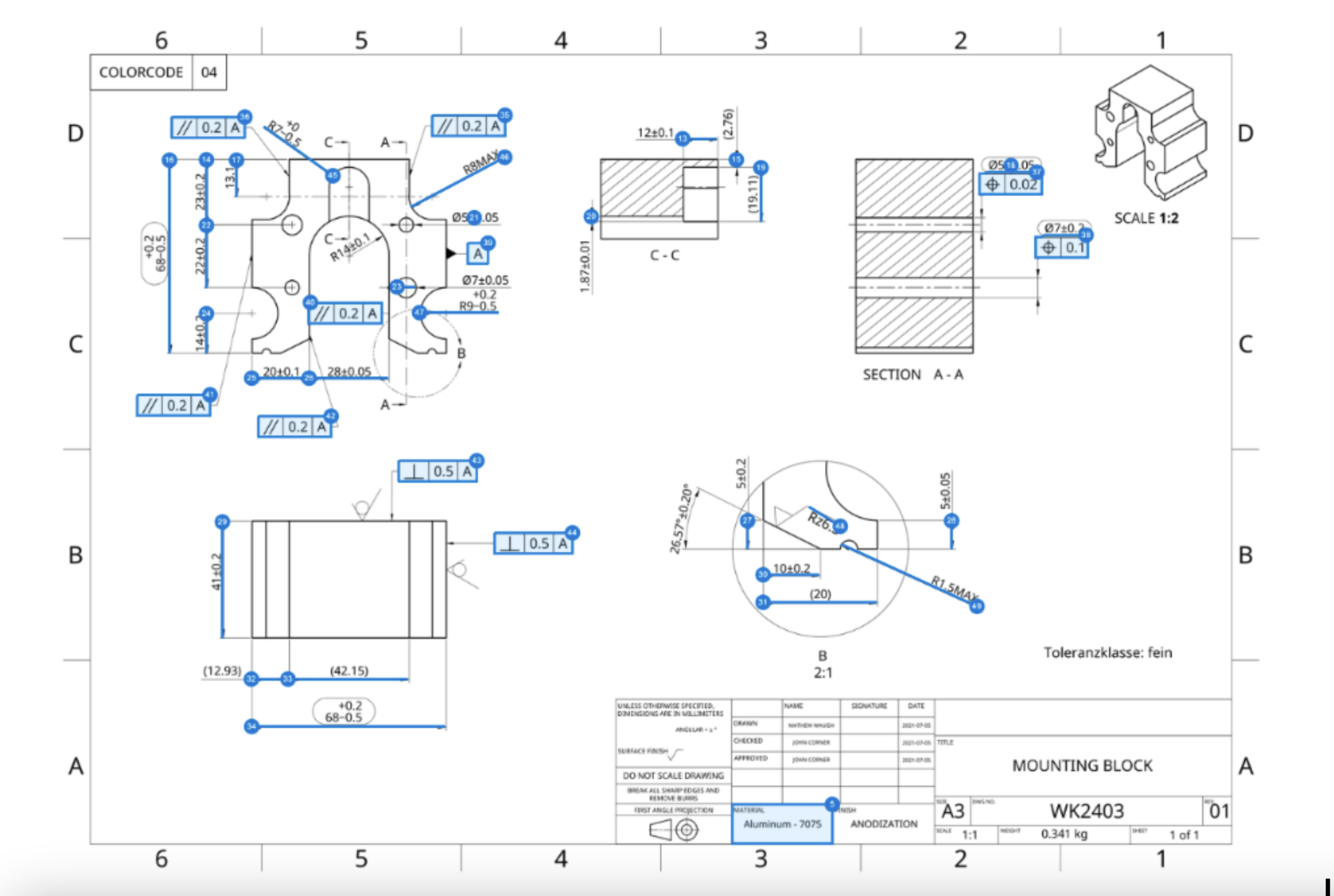 Example of a technical drawing with the most valuable information that is evaluated by 3YOURMIND’s part assessment software. 