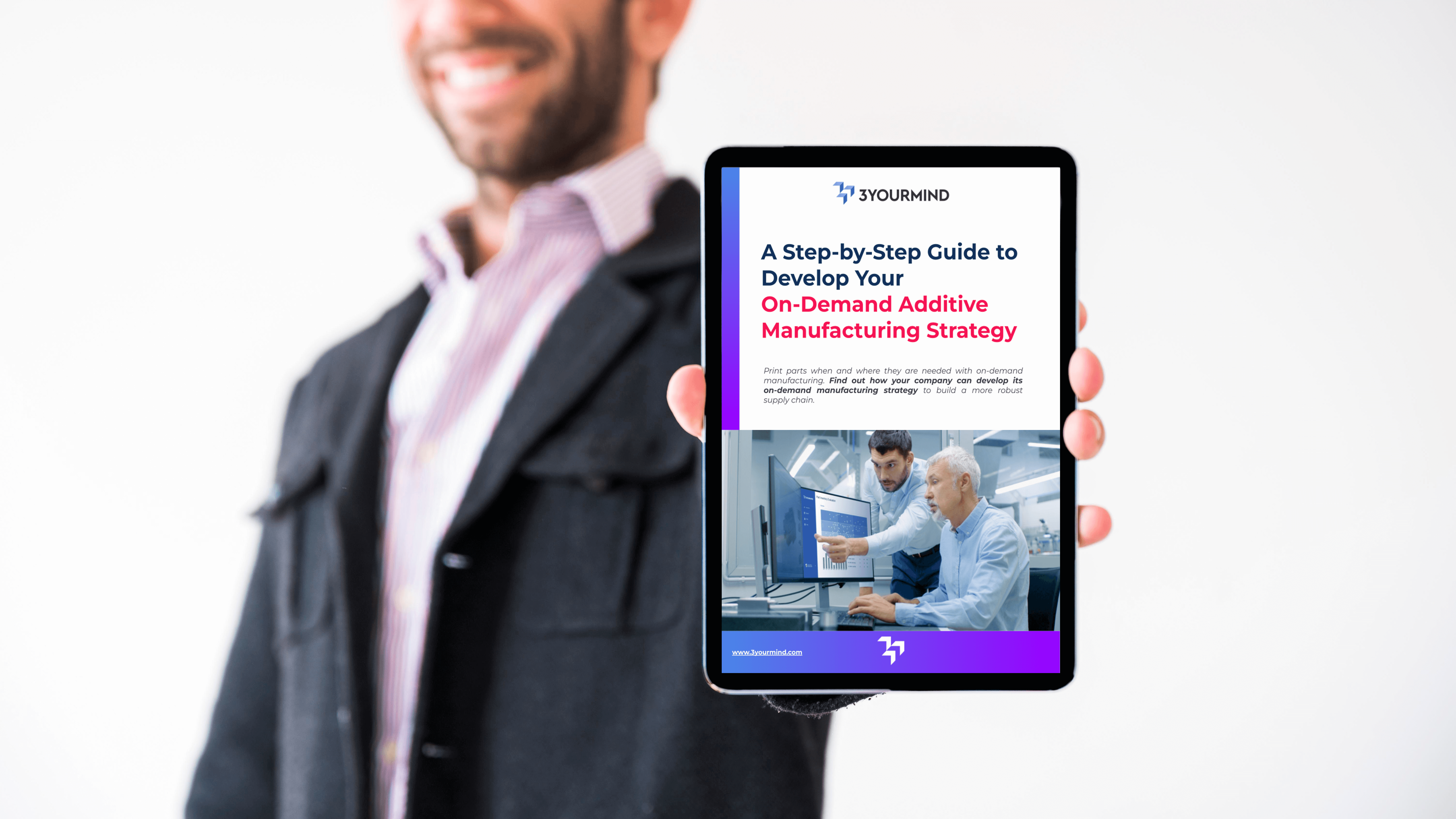business man holding a tablet featuring on-demand manufacturing guide cover